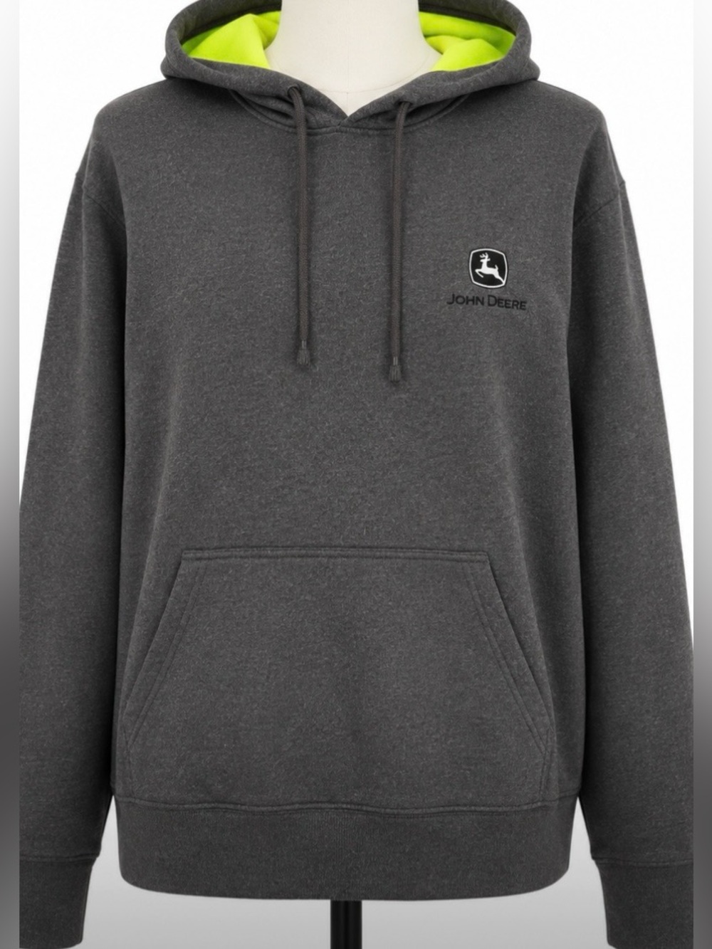 John Deere Grey Pullover Hoodie Medium Neon Lined Logo Sweatshirt Workwear Ranch